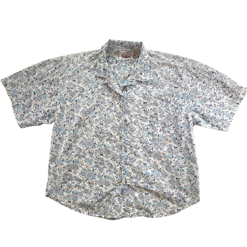 Chic Vintage Womens Large Floral Cotton Short Sleeve Button Up Shirt Blue White